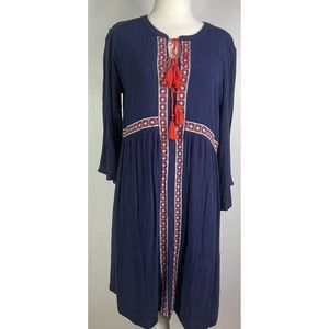 Old Navy Womens Boho Dress Med Embroidered Tassel Tie Hippie Patriotic Nautical